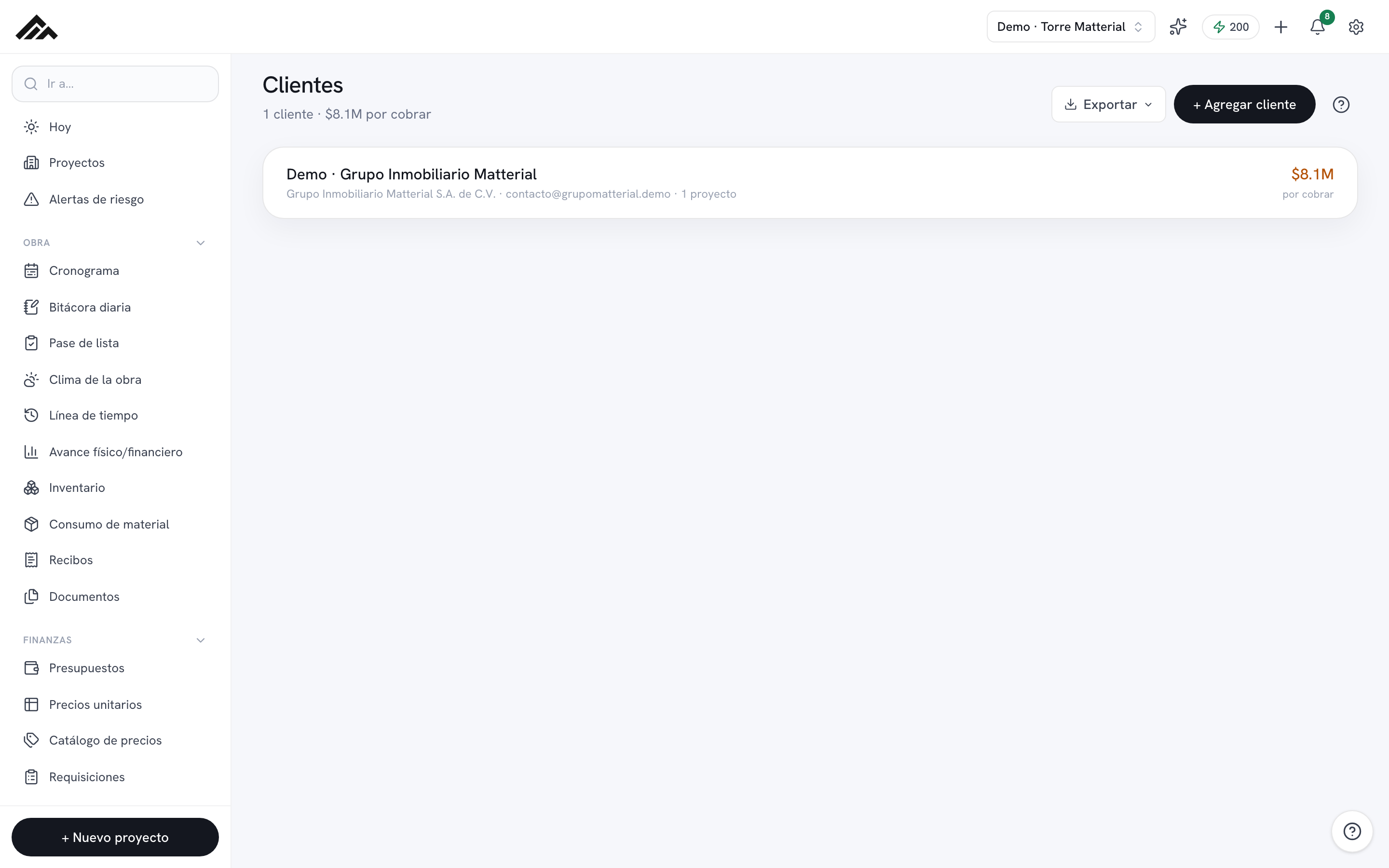 Clientes y cobranza (CRM) en Matterial