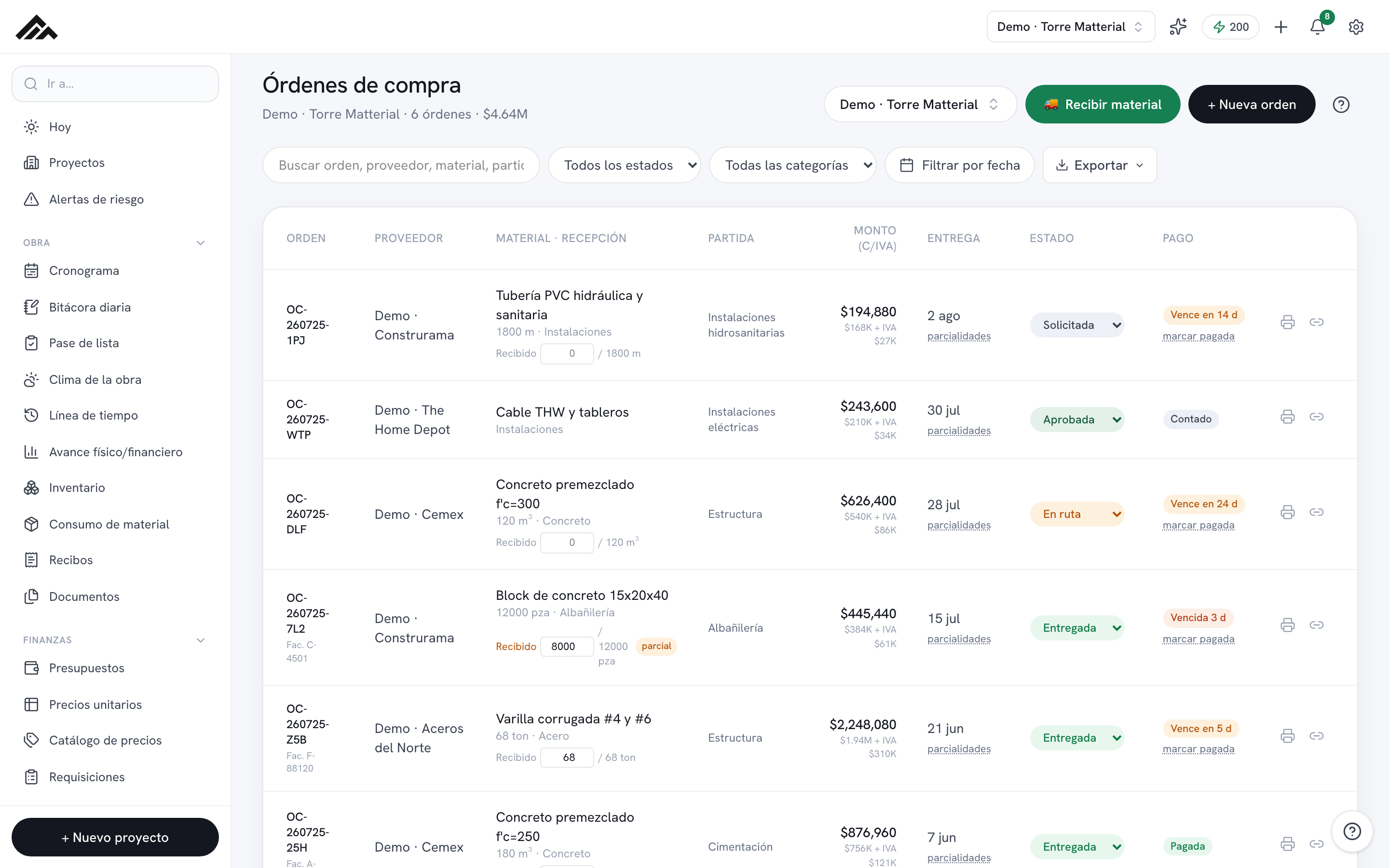 Órdenes de compra en Matterial