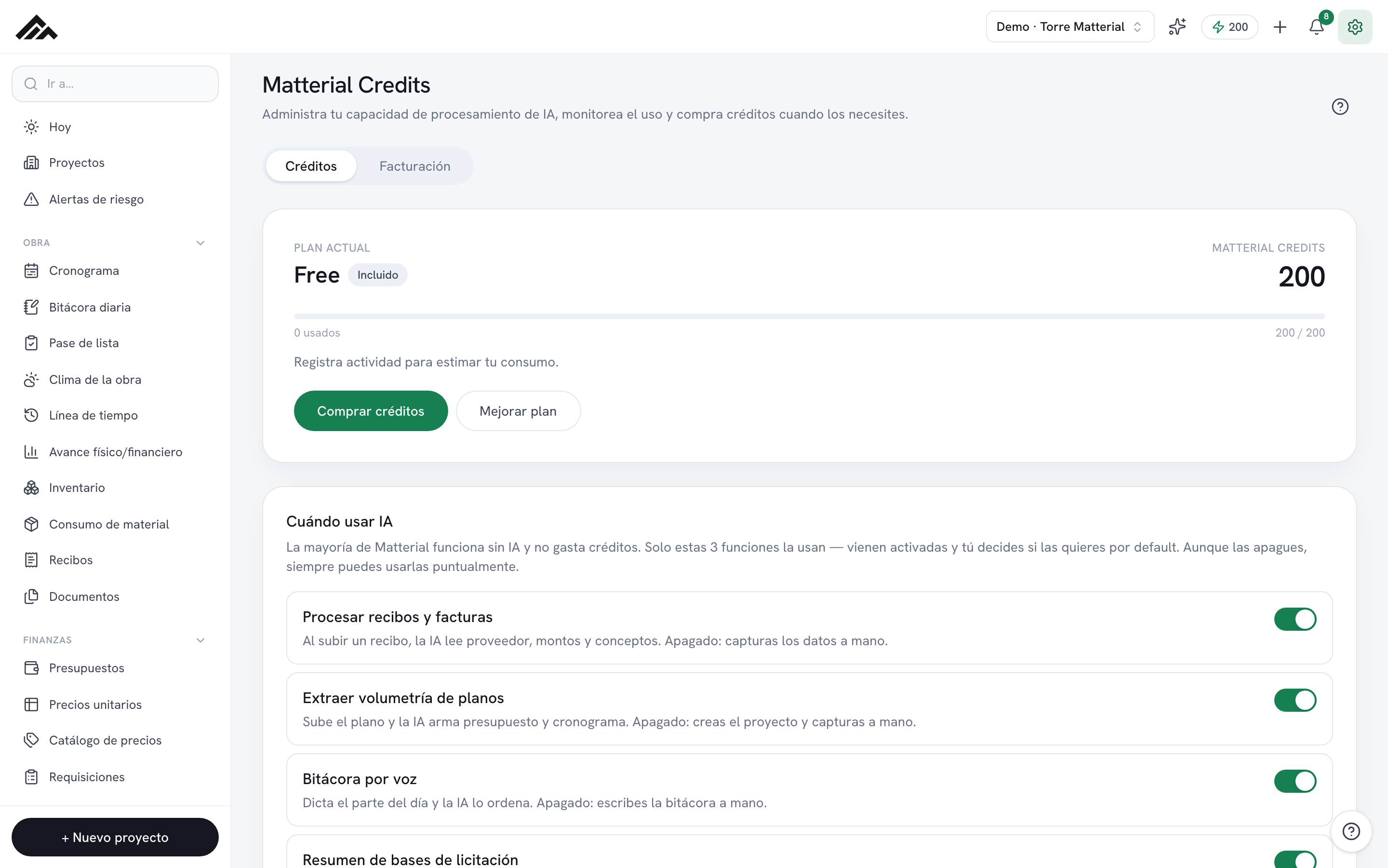 Dashboard de Matterial Credits con saldo y consumo