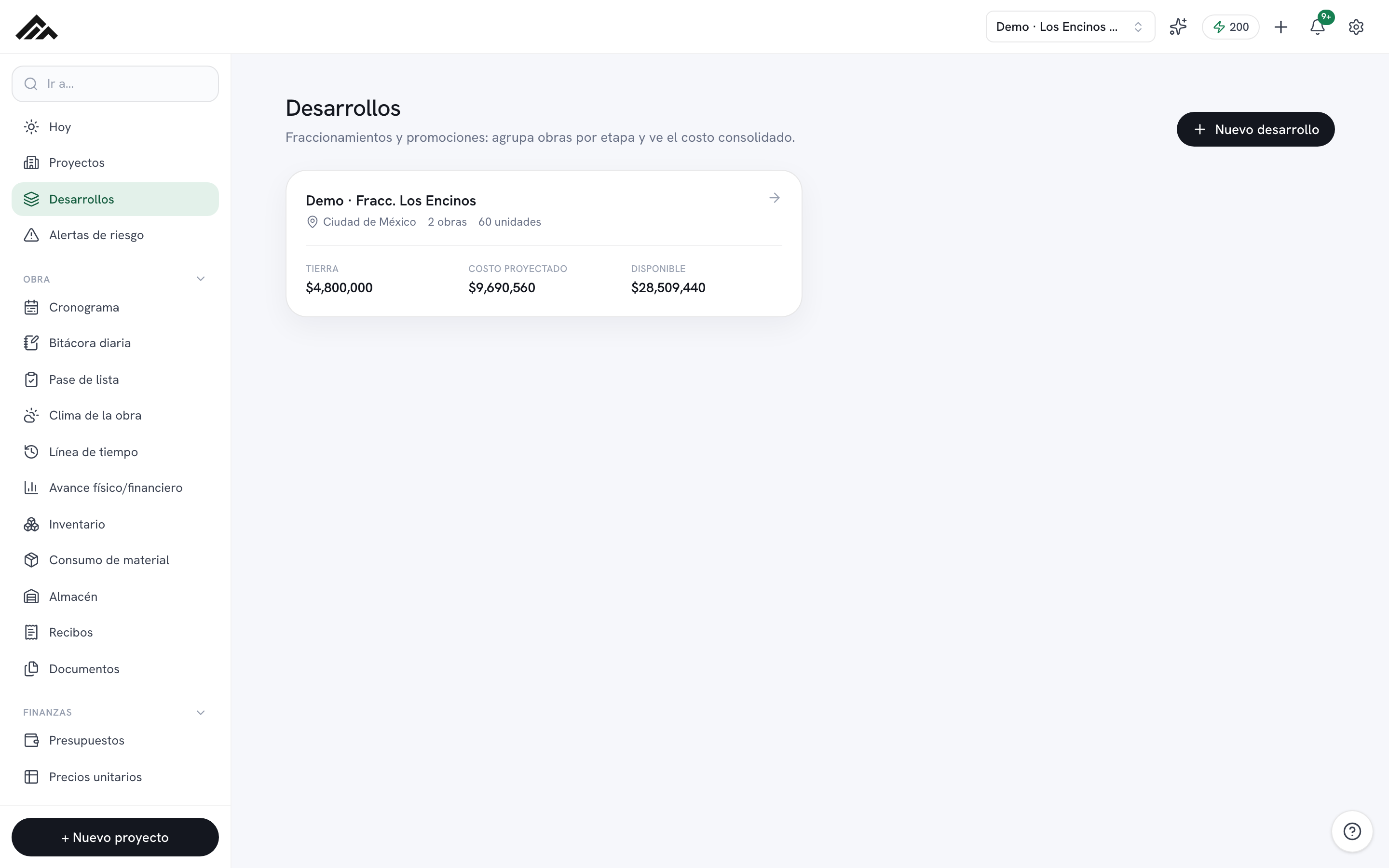Tablero de desarrollos inmobiliarios en Matterial