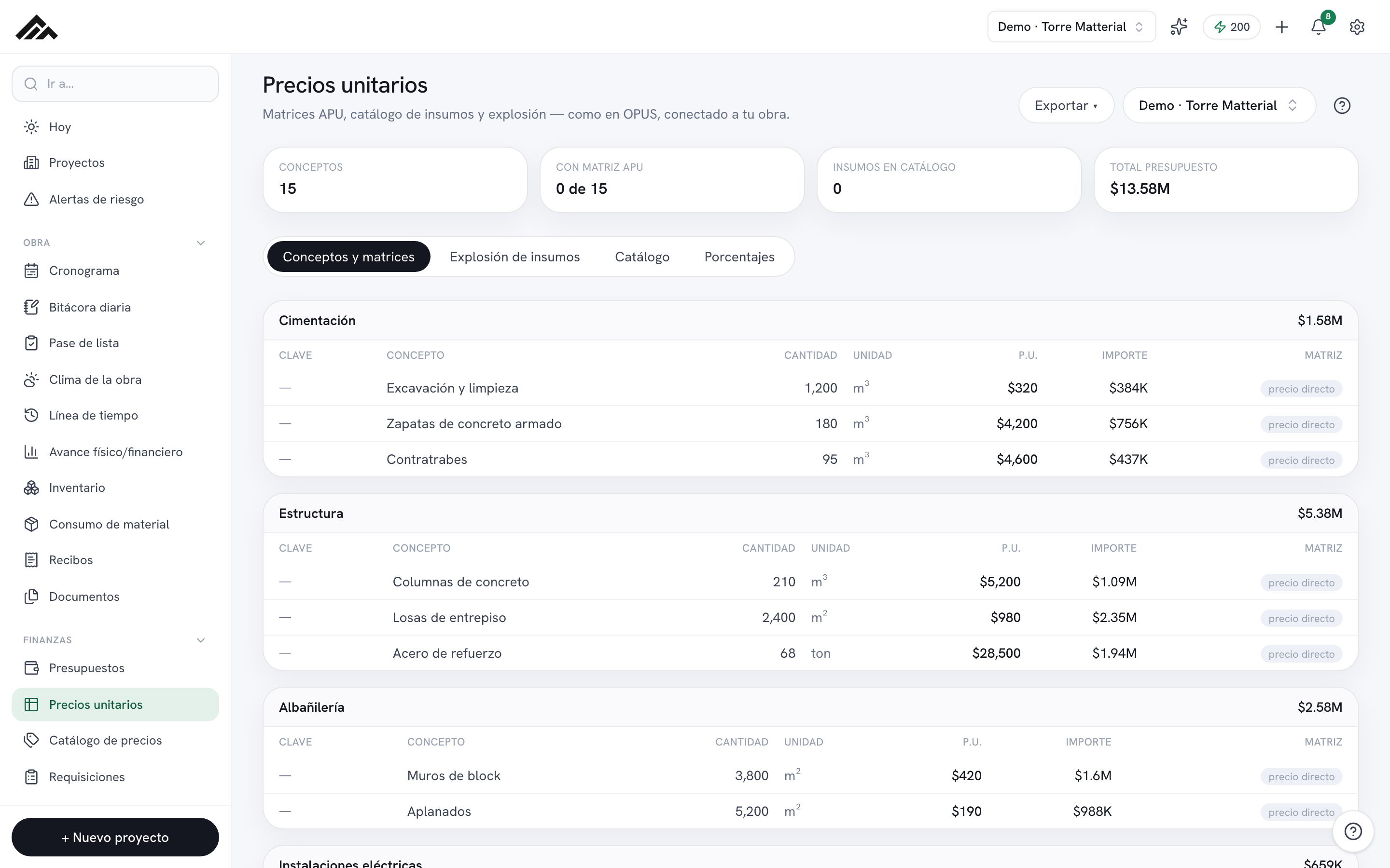 Precios unitarios y matrices APU en Matterial