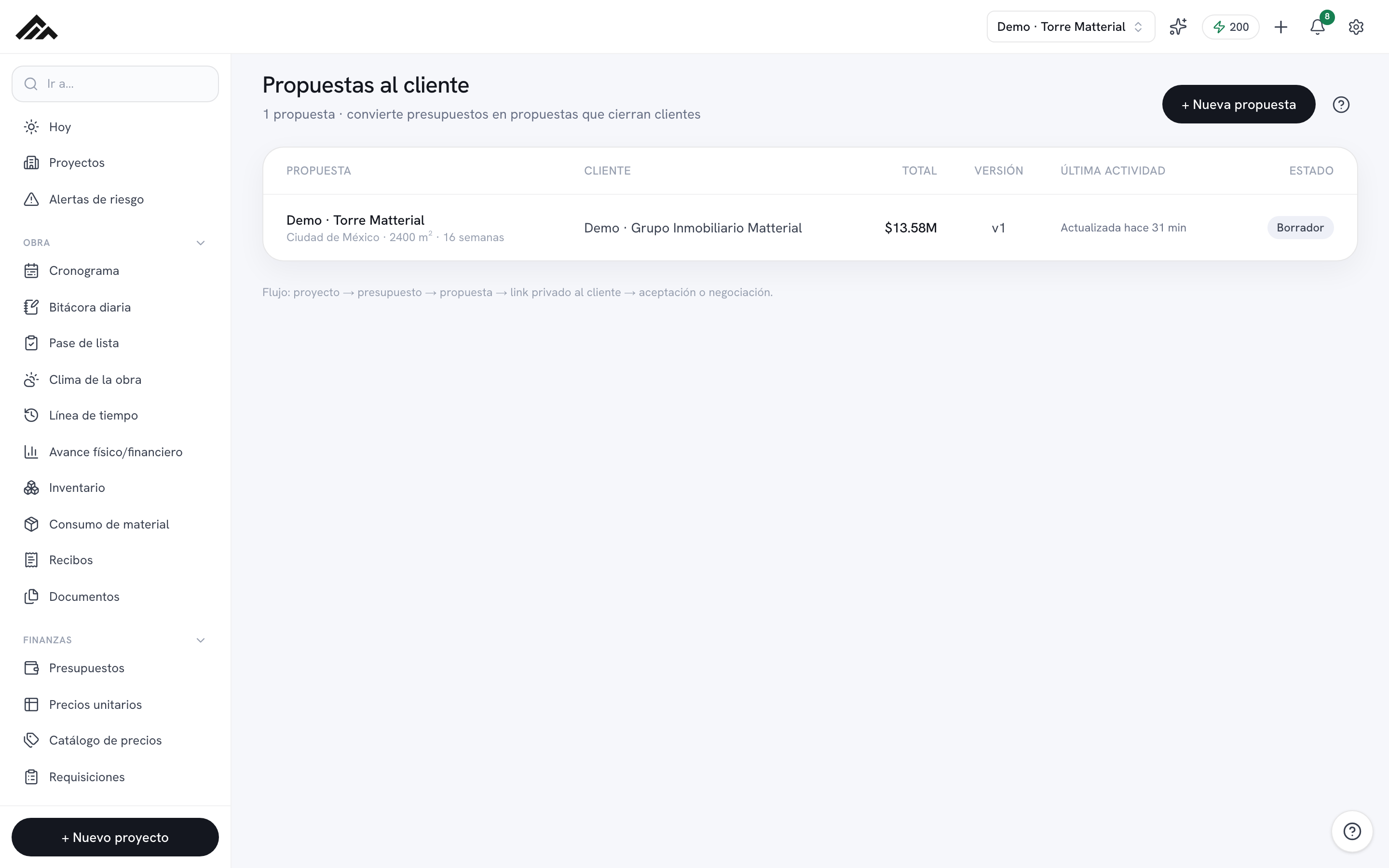 Propuestas al cliente en Matterial