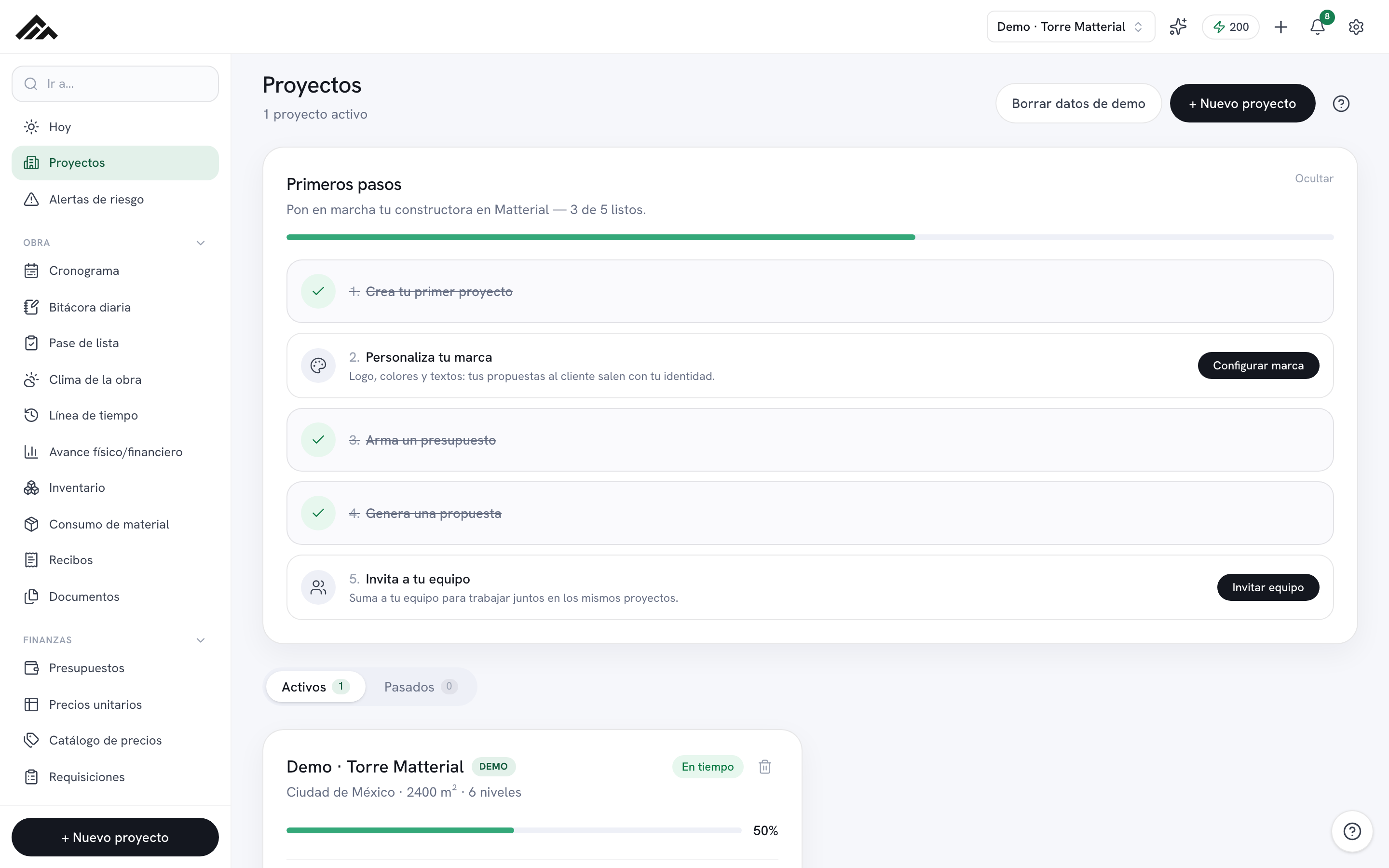 Lista de proyectos en Matterial